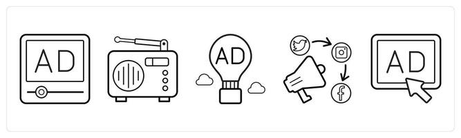 A set of 5 Ads and marketing icons as advertisement, radio ad, balloon ad in black line color vector