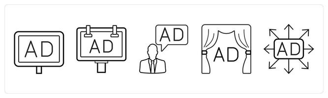 A set of 5 Ads and marketing icons as ad, advertisement, ad manager in black line color vector