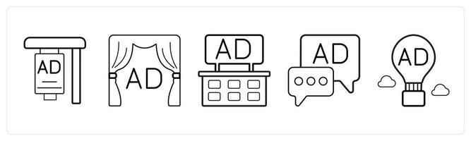 A set of 5 Ads and marketing icons as ad board, advertisement, balloon ad in black line color vector