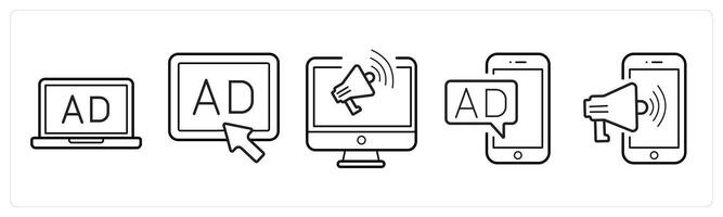 A set of 5 Ads and marketing icons as laptop ad, pay per click ad, promotion in black line color vector