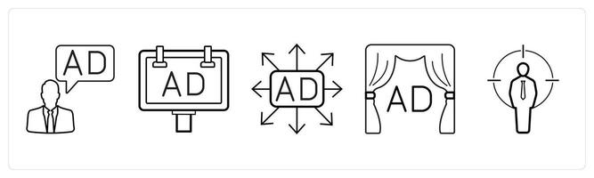A set of 5 Ads and marketing icons as ad manager, advertisement, ad direction in black line color vector