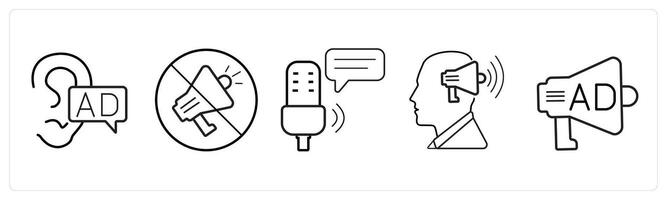 A set of 5 Ads and marketing icons as viral ad, ad prohibited, mic advertisement in black line color vector