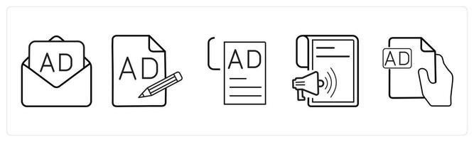 A set of 5 Ads and marketing icons as email advertisement, compose content, ad content in black line color vector