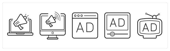 A set of 5 Ads and marketing icons as advertisement store, advertisement graph, global advertisement in black line color vector