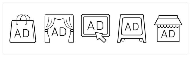 A set of 5 Ads and marketing icons as advertisement bag, advertisement, pay per click ad in black line color vector