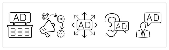 A set of 5 Ads and marketing icons as ad board, promotion media, ad direction in black line color vector