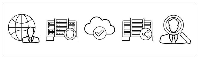 A set of 5 big data icons as businessman, server security, cloud verification in black line color vector