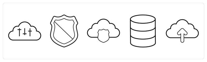 A set of 5 big data icons as cloud setting, shield, cloud security, server in black line color vector