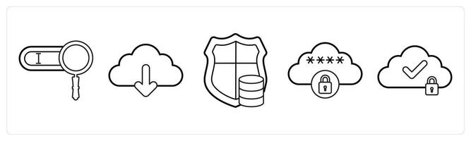 A set of 5 big data icons as search bar, cloud download, server security in black line color vector