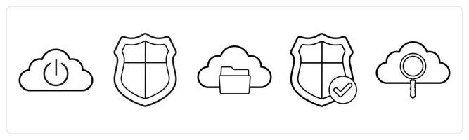 A set of 5 big data icons as cloud, security, cloud folder in black line color vector