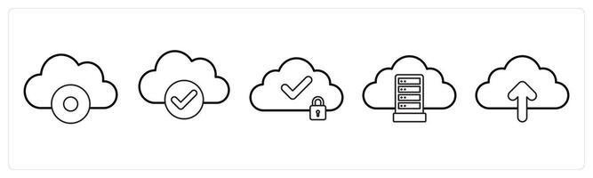 A set of 5 big data icons as cloud disc, cloud verification, cloud security in black line color vector