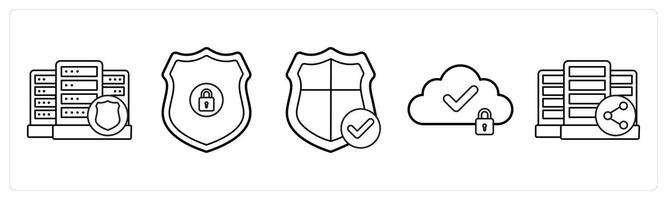A set of 5 big data icons as server security, security, verified security in black line color vector