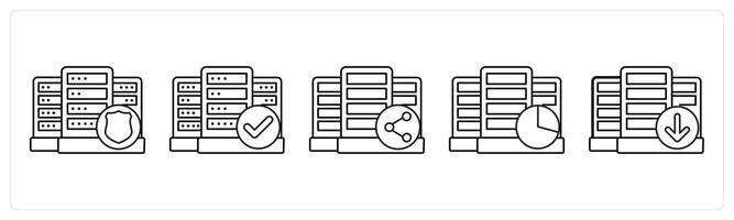A set of 5 big data icons as server security, verified server, share drive data in black line color vector