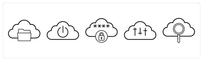 A set of 5 big data icons as cloud folder, cloud, cloud encryption in black line color vector