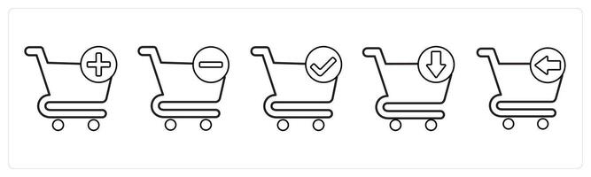 A set of 5 cart icons as add to cart, remove from cart, verified cart in black line color vector