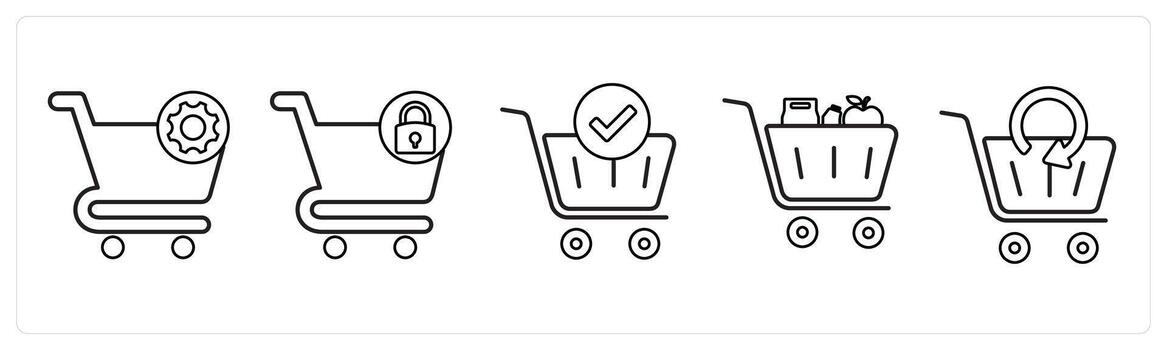 A set of 5 cart icons as cart setting, cart security, cart approved in black line color vector
