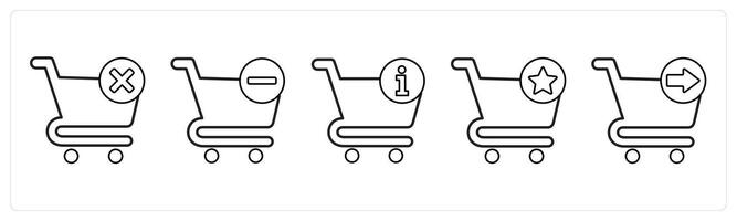 A set of 5 cart icons as delete cart, remove from cart, cart information in black line color vector