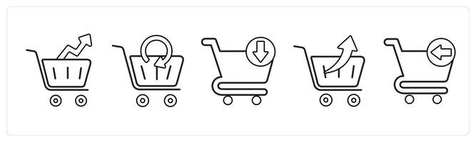 A set of 5 cart icons as ecommerce, update cart, download cart in black line color vector