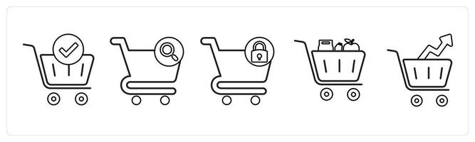 A set of 5 cart icons as cart approved, cart search, cart security in black line color vector