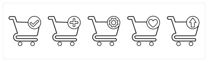 A set of 5 cart icons as verified cart, add to cart, cart setting in black line color vector