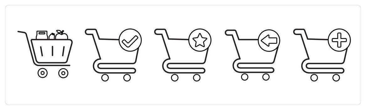 A set of 5 cart icons as cart items, verified cart, favorite cart in black line color vector