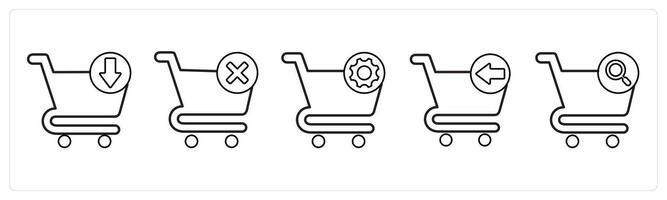 A set of 5 cart icons as download cart, delete cart, cart setting in black line color vector