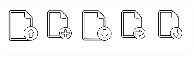 A set of 5 file icons as upload, add file, download file in black line color vector