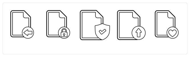 A set of 5 file icons as received file, file security, secublack document in black line color vector