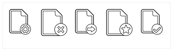 A set of 5 file icons as file setting, wrong, send file in black line color vector
