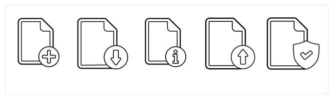 A set of 5 file icons as add file, download file, file information in black line color vector