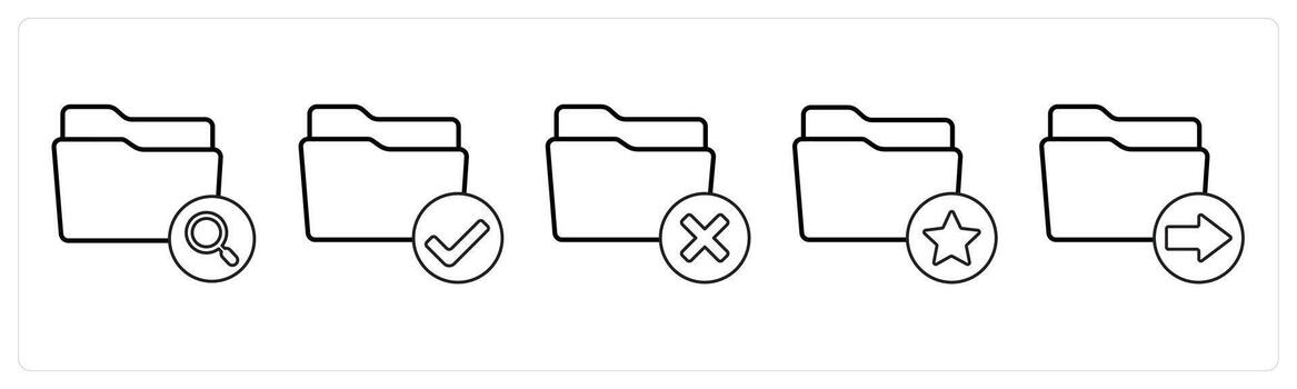 A set of 5 folder icons as search folder, verified folder, delete folder in black line color vector