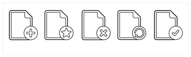 A set of 5 file icons as add document, star, wrong in black line color vector
