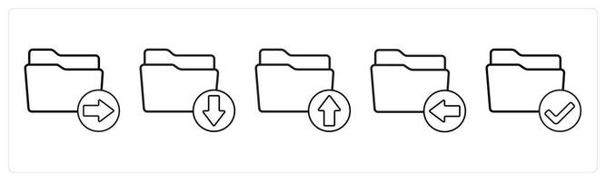 A set of 5 folder icons as send folder, download folder, upload folder in black line color vector