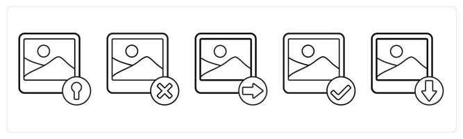 A set of 5 image icons as locked image, delete image, send image in black line color vector