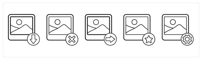 A set of 5 image icons as download image, delete image, send image in black line color vector