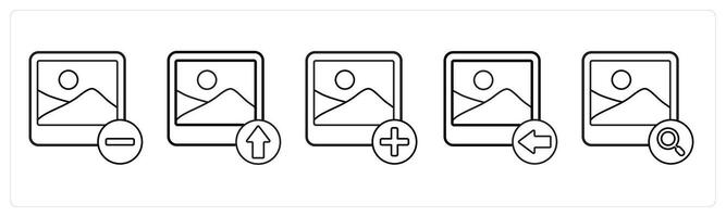 A set of 5 image icons as remove image, upload image, add image in black line color vector