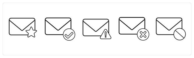 A set of 5 mail icons as star mail, verified message, error mail in black line color vector