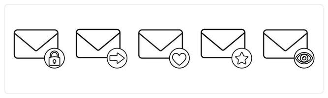 A set of 5 mail icons as mail security, send mail, favorite mail in black line color vector
