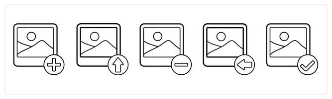 A set of 5 image icons as add image, upload image, remove image in black line color vector