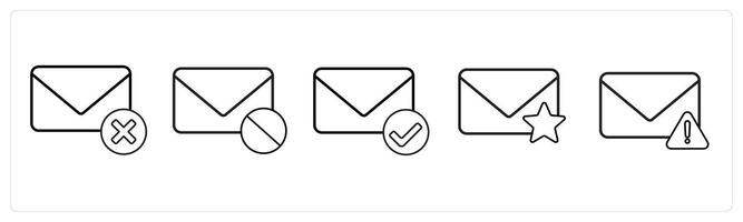 A set of 5 mail icons as delete message, delete mail, verified message in black line color vector