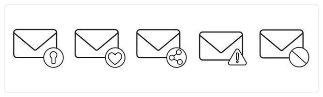 A set of 5 mail icons as secublack mail, favorite mail, share mail in black line color vector