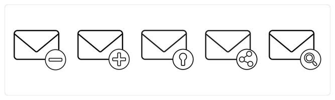 A set of 5 mail icons as remove message, add message, secublack mail in black line color vector
