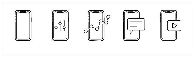 A set of 5 mobile icons as mobile, mobile setting, mobile analysis in black line color vector