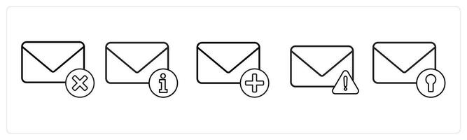 A set of 5 mail icons as delete message, mail information, add message in black line color vector