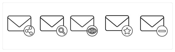 A set of 5 mail icons as share mail, search message, view mail in black line color vector