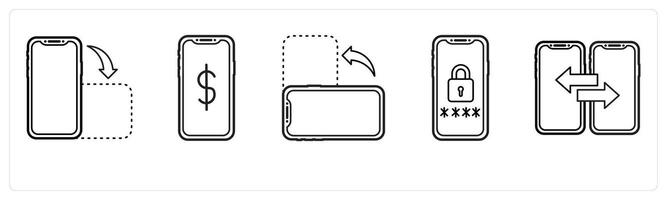 A set of 5 mobile icons as portrait, e currency, landscape in black line color vector