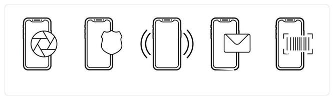 A set of 5 mobile icons as capture, mobile security, mobile network in black line color vector