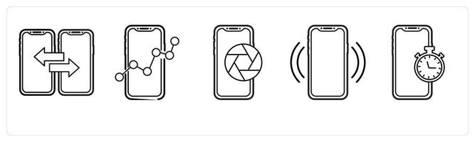A set of 5 mobile icons as mobile transfer, mobile analysis, capture in black line color vector