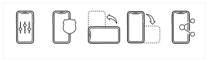 A set of 5 mobile icons as mobile setting, landscape, portrait in black line color vector