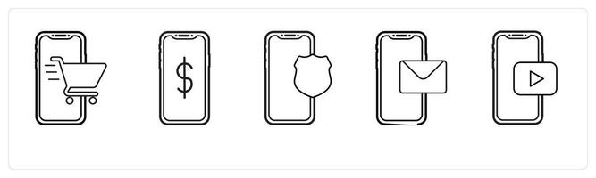 A set of 5 mobile icons as m shopping, e currency, mobile security in black line color vector